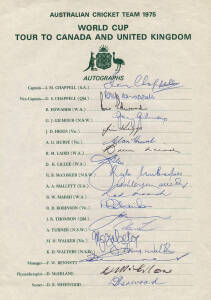 1975 Australian Team to World Cup, official team sheet with 19 signatures including Ian Chappell (captain), Greg Chappell & Dennis Lillee. Fine condition. Scarce. [Australia 274 lost the inaugural World Cup Final to West Indies 8/291].