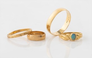 ANGUS & COOTE Australian 18ct yellow gold wedding band, stamped "A.C. 750"; together with an 18ct gold band by WILLIAM DRUMMOND, and an 18ct gold and opal ring, and a 9ct gold band (child's size), mixed vintages, (4 items), 13.7 grams total