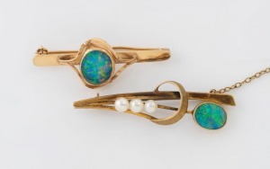 Two Australian vintage 9ct gold and opal brooches, one set with three pearls, 20th century, ​​​​​​​5cm and 4cm wide, 8.2 grams total