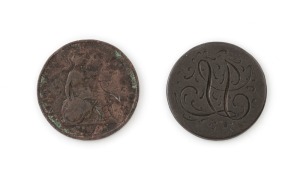 CONVICT LOVE TOKENS twohalf penny examples with engraved initials, 18th/19th century, 2.5cm diameter