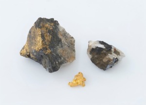 A natural gold nugget specimen (1.7 grams), together with a natural gold ore specimen, plus a silver ore specimen, (3 items), the largest 3.5cm wide