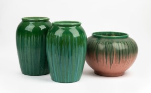 MELROSE WARE pair of green glazed pottery mantle vases, together with a two tone green and pink glazed pottery jardiniere, (3 items), two examples stamped "Melrose Ware, Australian", the vases 22cm high