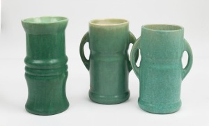 MELROSE WARE group of three green glazed pottery mantle vases, the largest 21cm high