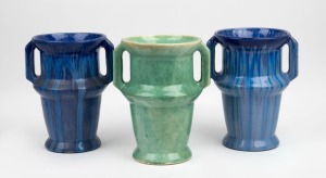 MELROSE WARE group of three rare pottery mantle urns glazed in blue and green, 23cm high