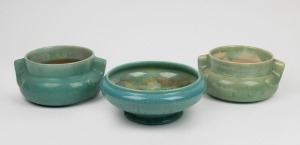 MELROSE WARE pair of green glazed pottery jardinieres, together with a green glazed pottery fruit bowl, (3 items), the bowl 23cm diameter