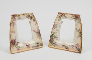 ROYAL DOULTON rare pair of English porcelain standing picture frames with vase backs, decorated with Australian wildflowers (native fuchsia), circa 1920, factory mark to reverse, 19cm high