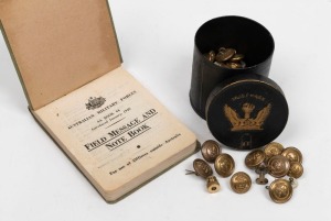 Australian Military Forces "Field Message And Notebook" circa 1945, in original green cloth boards; together with a tine of assorted studs and buttons including many military examples