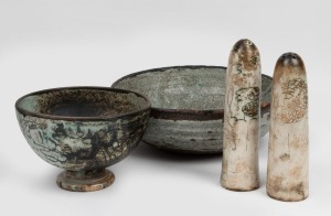 DAVID & HERMIA BOYD pair of pottery condiments with figural decoration, together with two bowls, (4 items), the condiments 21cm high