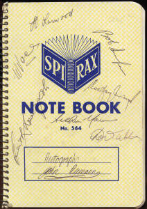 1977 CENTENARY TEST: Autograph Book & Notebook with 143 signatures of current & former Test players, noted Greg Chappell, Tony Greig, Dennis Lillee, Rick McCosker, Harold Larwood, Bill Voce, Bob Simpson, Arthur Morris, Jim Laker, Frank Tyson, C.E.Pellew, 