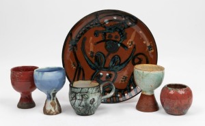 JOHN PERCEVAL pottery plate, mug, vase and three goblets, (6 items), ​​​​​​​the plate 24cm diameter