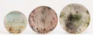 ARTHUR MERRIC BOYD & NEIL DOUGLAS two hand-painted pottery plates and a pottery bowl, all bearing titled inscriptions and signed "Neil Douglas", ​​​​​​​the largest 29cm diameter