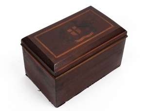 An antique jarrah box inlaid with coat of arms, Western Australian origin, circa 1900, 17cm high, 30cm wide, 18cm deep250