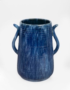 JOHN CAMPBELL blue glazed pottery vase with ribbed decoration and two applied handles, incised "John Campbell, Tasmania", 21cm high