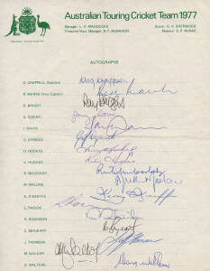 1977 Australian Team to England, official team sheet with 17 signatures including Greg Chappell (captain), David Hookes, Doug Walters, Rod Marsh & Jeff Thomson. Fine condition.