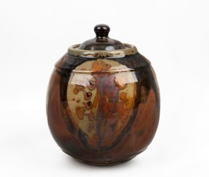 REG PRESTON large pottery lidded jar, signed "Preston", 28cm high