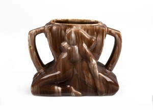 MASHMAN brown glazed pottery two handled vase with reclining female figure, attributed to Loma Latour, 16cm high