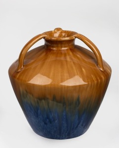 REGAL MASHMAN blue and brown glazed pottery vase with three handles, ​​​​​​​stamped "Regal Mashman", 20cm high