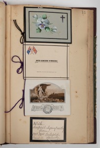 A TRAGIC BOOK OF CONDOLENCE CARDS: Following the deaths of their two sons, Private Leslie Edward BENNING, who died of wounds at the age of 21 (24th July 1916), and his younger brother, Harold Vincent BENNING, who died of his wounds, aged 19 (14th Nov. 1916), the mourning parents collected the newspaper reports and condolence cards they received from family, friends and acquaintances, as well as old school teachers and others, who were motivated to write.