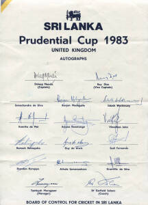 SRI LANKA: Collection of team sheets comprising 1977 v MCC; 1977 v Derrick Robins' XI; 1982 v India; 1983 World Cup; 1983 v West Indies; also 1982 Arosa Sri Lanka (2 team sheets). G/VG.