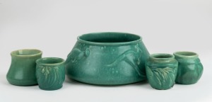 MELROSE WARE green glazed kangaroo bowl and four green glazed pottery vases, A/F, (5 items), factory mark to base, the bowl 11cm high, 25cm wide