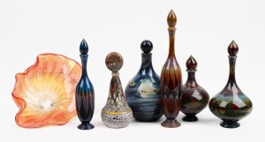 A group of seven art glass perfume bottles and a bowl, the largest 16.5cm high