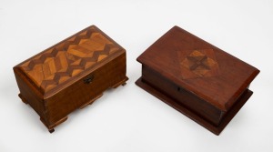 Two vintage Australian timber boxes with parquetry inlay, one with cabriole legs, 19th/20th century, the larger 27cm wide