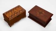 Two vintage Australian timber boxes with parquetry inlay, one with cabriole legs, 19th/20th century, ​​​​​​​the larger 27cm wide