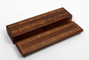 An antique Australian timber cribbage box and vintage Australian timber cribbage board bearing "SHOTT & SON....LAUNCESTON" paper label, 19th/20th century, 25cm and 25cm wide