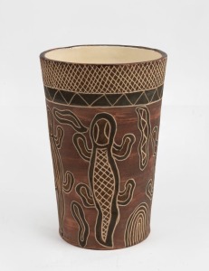 CARL COOPER rare pottery vase with sgraffito Aboriginal lizard decoration,  incised "Carl Cooper 1947", 16cm high