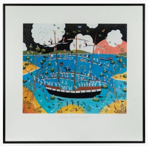 MICHAEL LEUNIG (1945 - ), "The Arrival of the First Fleet", lithograph, signed in pen lower right, titled to the lower margin, image size 35 x 40cm, 55 x 55cm overall