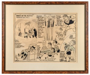 "GRAND FINAL EVE, MELBOURNE V. GEELONG, Brownlow and Team Prospects" original cartoon artwork by Sam Wells for Melbourne Herald, circa 1950, 60 x 70cm overall