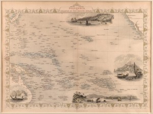 JOHN TALLIS, Polynesia, or Islands in the Pacific Ocean. steel engraved map by J. Rapkin, 1851, with four lovely vignette views by H. Warren, with subtle contemporary hand-colouring, from Montgomery Martin's Illustrated Atlas, 26.5 x 35.5cm; mounted.