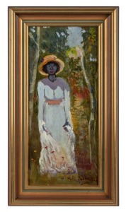 WILLIAM BLUNDELL (1946–2023), (lady in landscape), oil on board, signed lower right "Will Blundell", ​​​​​​​43 x 19cm, 55 x 30cm overall