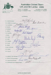 1981 Australian Team to UK and Sri Lanka, official team sheet with 20 signatures including Kim Hughes, Dennis Lillee, Rod Hogg & Trevor Chappell (only played 3 Tests but was made infamous when he bowled an underarm delivery to NZ batsman Brian McKechnie i