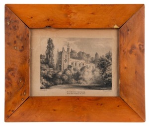 An antique etching of Bocking Church, housed in a huon pine frame, 11.5 x 15cm, 20 x 24cm overall