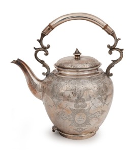 EDWARD FISCHER of Geelong, antique Australian spirit kettle with engraved decoration (no base), 19th century, stamped "FISCHER, GEELONG. STRIG. SILVER", 30cm high, 1,082 grams