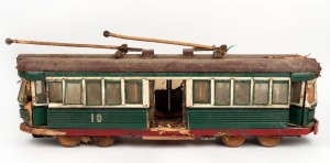 A scratch-built model tram in barn find relic condition, mid 20th century, 93cm long