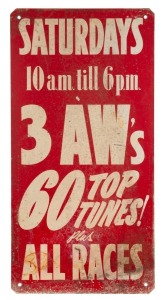 TRAMWAYS tin lithograph vintage sign "3AW 60 TOP TUNES! ALL RACES" mid 20th century, 61 x 30cm