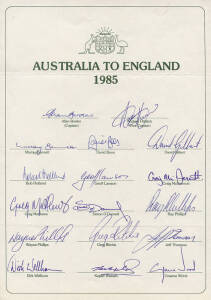 1985 Australian Team to England, official team sheet with 17 signatures including Allan Border (captain), David Boon, Andrew Hilditch, Craig McDermott & Jeff Thomson. Fine condition.