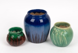 MELROSE WARE green glazed gum nut and leaf vase, brown and green glazed gum nut and leaf vase, and a blue glazed vase, ​​​​​​​the largest 17cm high