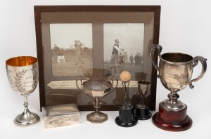 A.W. JACKSON Australian amateur golfer vintage photographic display, together with a handsome collection of six sterling silver trophies, the largest retailed by KERR & Co. of Sydney, (6 items), silver weight of the three cups 1280 grams
