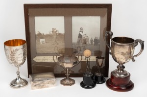 A.W. JACKSON Australian amateur golfer vintage photographic display, together with a handsome collection of six sterling silver trophies, the largest retailed by KERR & Co. of Sydney, (6 items), ​​​​​​​silver weight of the three cups 1280 grams