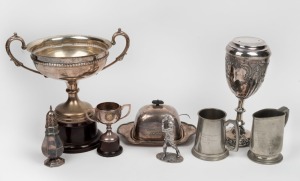 A.W. JACKSON Australian amateur golfer group of seven vintage pewter and silver plated trophies, the largest retailed by KERR & Co. of Sydney, (7 items), the largest 45cm high