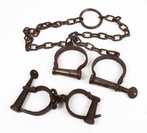 Replica leg irons and handcuffs, 20th century, (2 items), ​​​​​​​the leg irons 128cm long