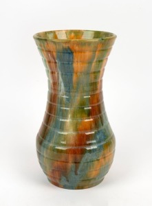 JOHN CAMPBELL ribbed pottery vase with mottled blue, green, brown and yellow glaze, incised "John Campbell, Tasmania", 30.5cm high