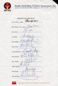 1991-92 Australian Team, SACA team sheet with 12 signatures including Allan Border, Merv Hughes & Shane Warne. Fine condition. Rare - Shane Warne's Test debut.