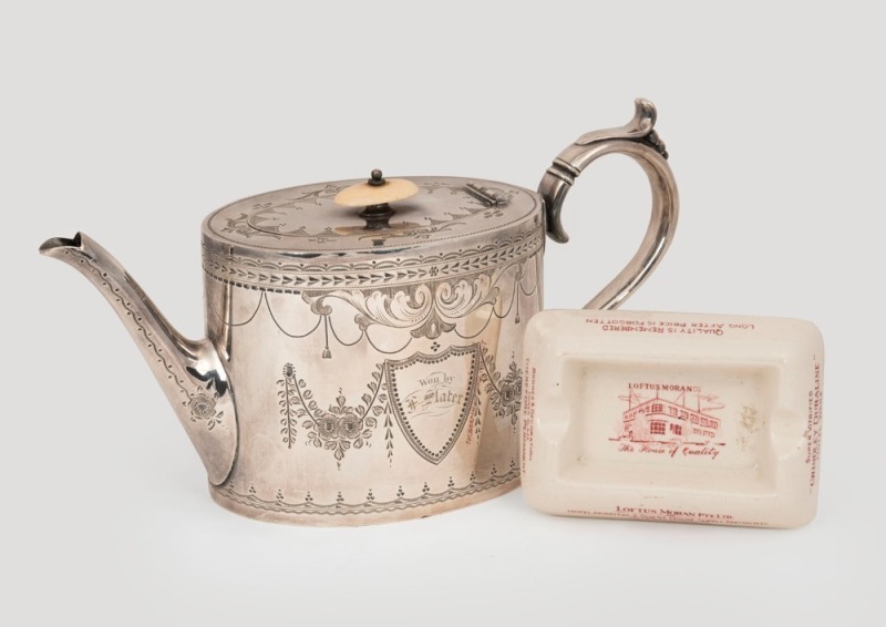 MORAN & CATO INTEREST: Antique silver plated teapot engraved "Moran & Cato Annual Picnic, 1893, Present By Charles W. Gray & Co., Won By F. Slater"; together with a ceramic ashtray branded "Loftus Moran Pty. Ltd., The House Of Quality", circa 1920s, (2 it