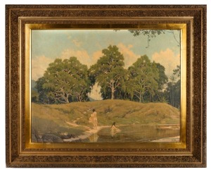 WILLIAM AULD, Bloomfield Bathers, oil on canvas, signed lower right "Auld, '85", Deutscher Menzies Auction label verso 16/6/2004, lot No.350, ​​​​​​​59 x 78cm, 83 x 102cm overall