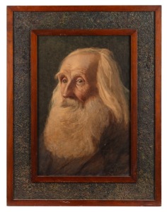 JOHN MATHER (1848-1916), (portrait of a bearded man), watercolour, signed lower right "J. Mather" and dated (illegible), housed in bespoke frame, most likely made by the artist with his manuscript note verso including address, 45 x 29cm, 64 x 49cm overall