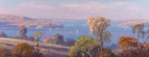 LEON HANSON (1918-2011), Quaker's Bay From The Spit, oil on board, signed lower left "Leon Hanson", 15 x 30cm, 25 x 40cm overall